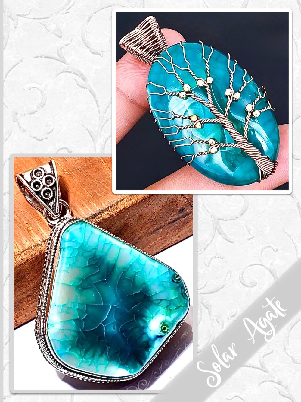 Solar Agate Eclectic Silver or Copper Wire-Wrap Artisan Pendant, Teal Blue-Green
